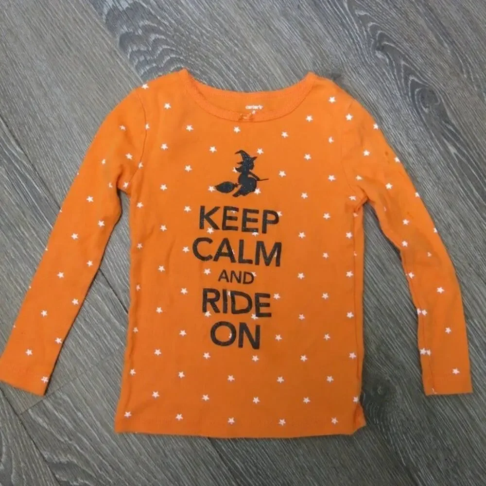 HALLOWEEN Carters Girl Shirt Size 4 Keep Calm Ride On Witch Broom Long Sleeve